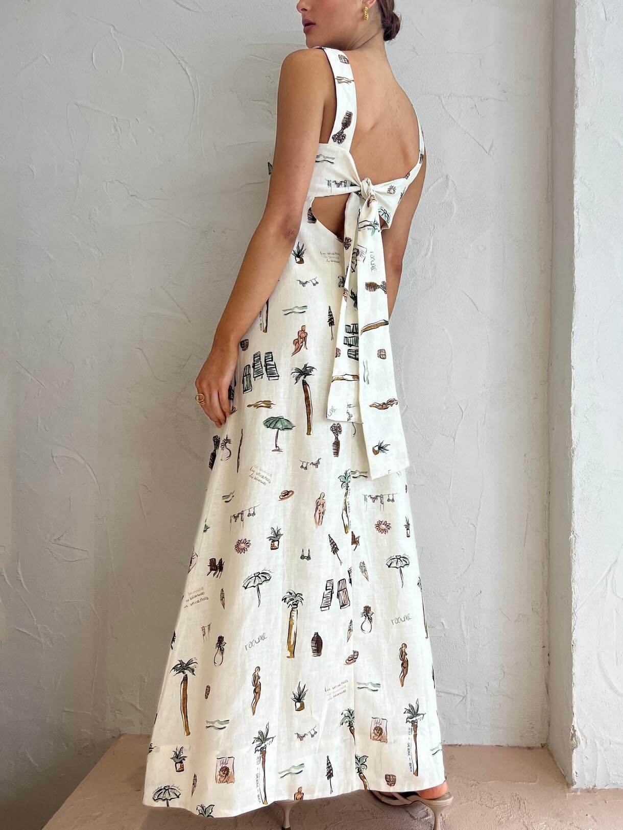Women's White Maxi Dress | Square Neck & Tropical Illustration Print