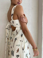 Women's White Maxi Dress | Square Neck & Tropical Illustration Print