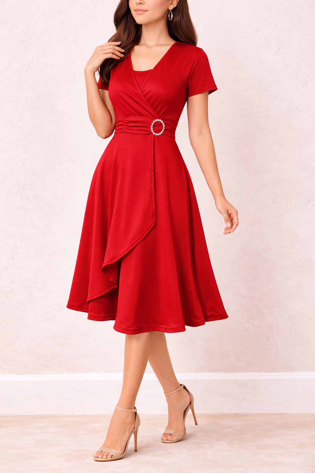 Women's Wrap Midi Dress | Asymmetric Hem & Embellished Waist