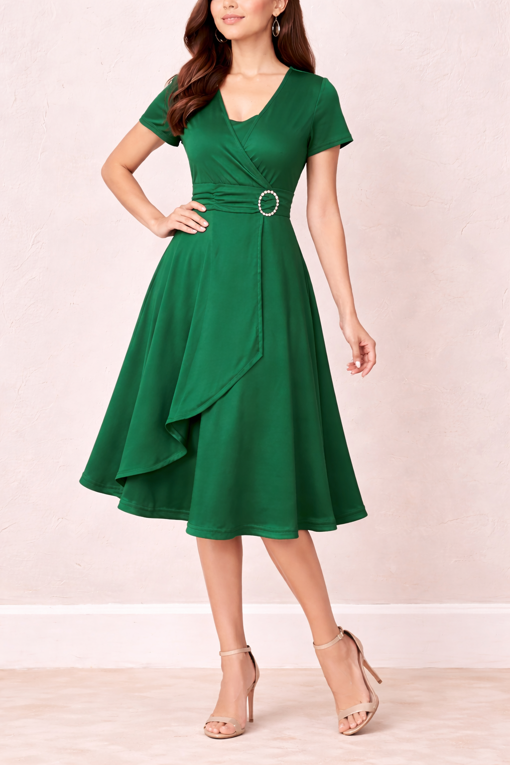 Women's Wrap Midi Dress | Asymmetric Hem & Embellished Waist