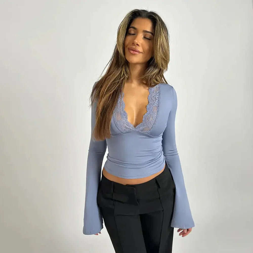 Wrap Top Women | Lace V-Neck & Flare Cuff Long Sleeve Style