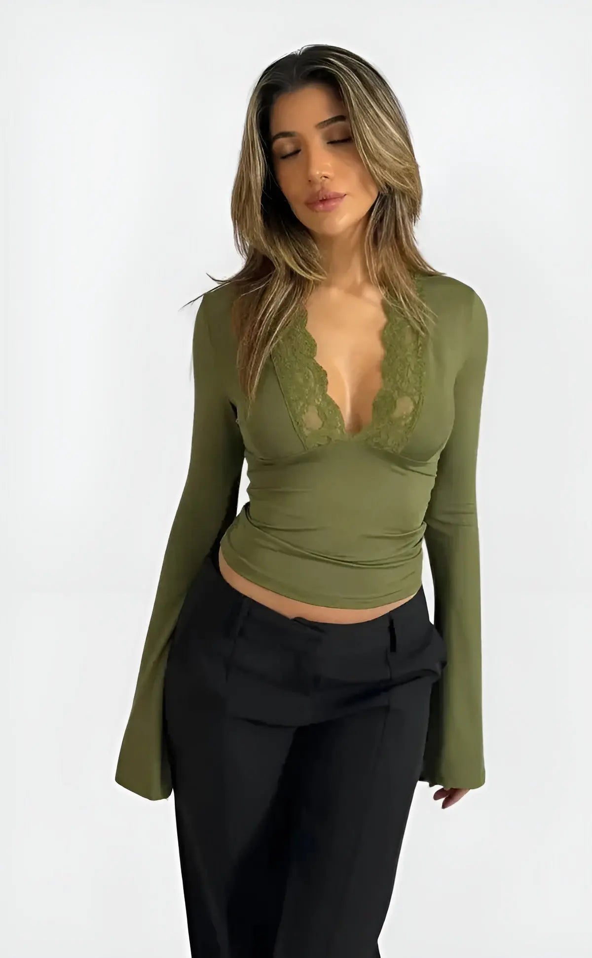 Wrap Top Women | Lace V-Neck & Flare Cuff Long Sleeve Style