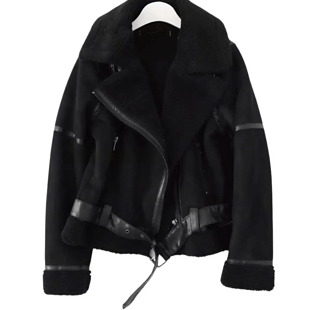 Women's Aviator Jacket | Belted Waist & Faux Lambskin Trim 2