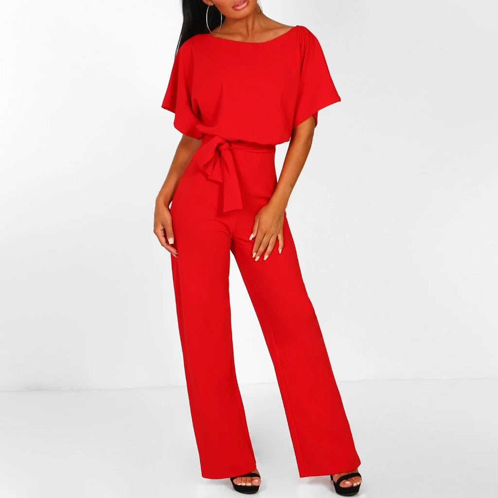Wide Leg Jumpsuit for women - Belted Short Sleeve - Keyhole Back High Waisted - Image 8