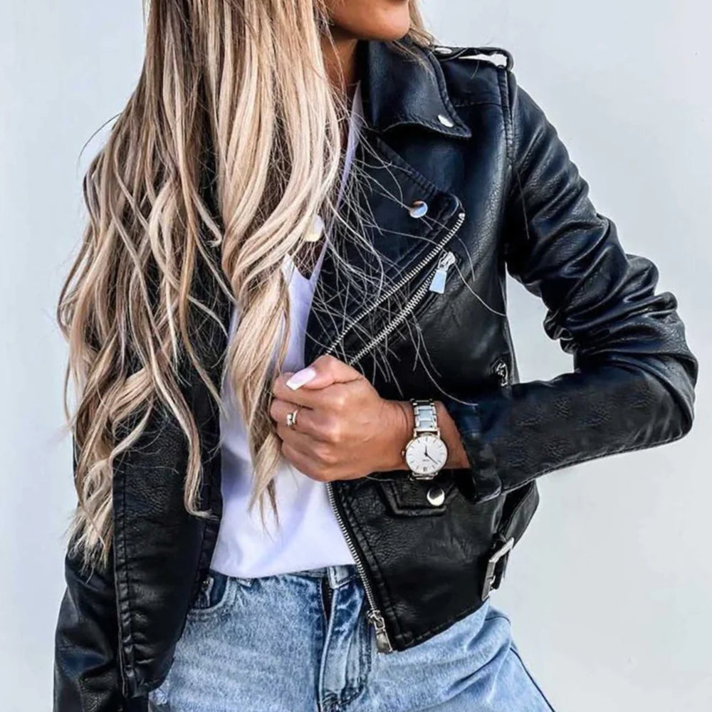 Women's Asymmetric Zip Biker Jacket Structured Collar 2