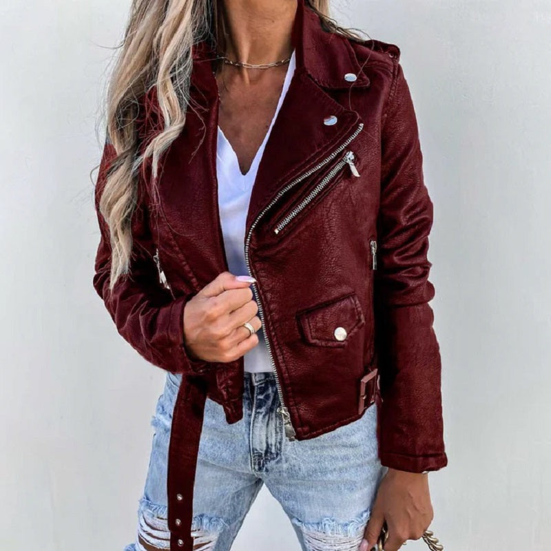 Women's Biker Jacket Asymmetric Zip Fitted with Adjustable Buckles 2