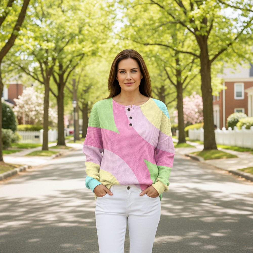 Women's Henley Long Sleeve Top | Ribbed Cuffs & Waffle Texture 3