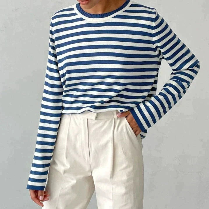 Women's Striped Knit Sweater Relaxed Crewneck Neckline 2