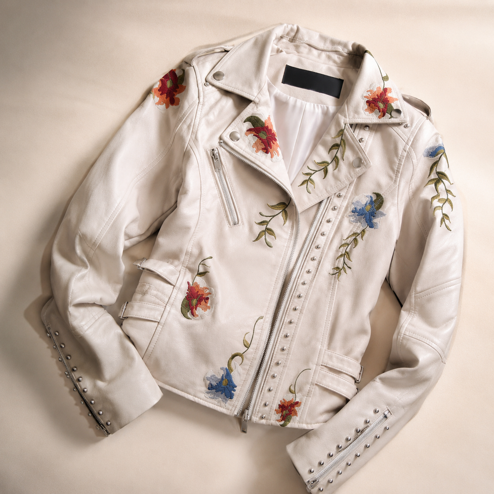 Women's Biker Jacket | Floral Embroidery & Studded Detail 2
