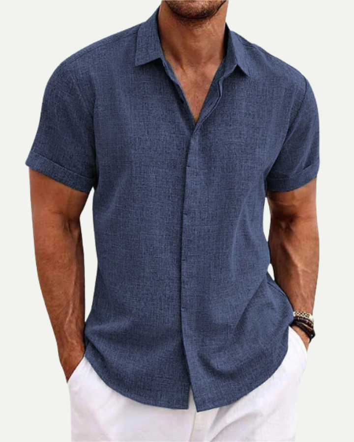 Navy blue men short sleeve button up shirt stand collar breathable summer shirt
